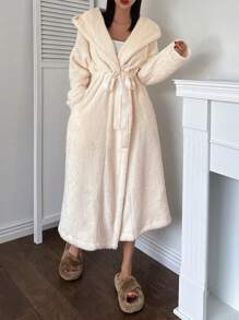 DAZY Minimalist Hooded Flannel Thick Belted Bathrobe Fluffy, Thermal Lined Fall, Winter, Cozy - Beige - View 7
