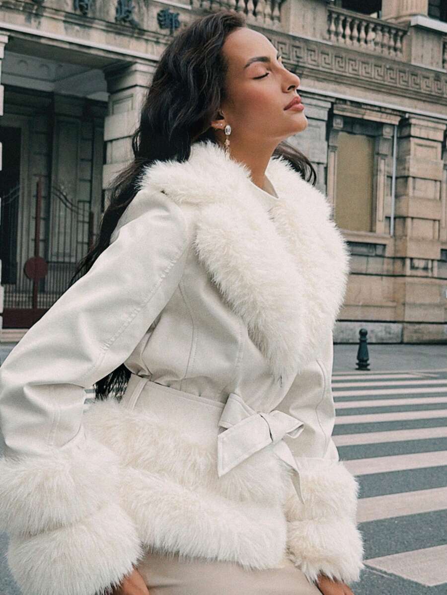 SHEIN x Carly Lawrence Anewsta Áo khoác lông cáo nữ thu/đông, dáng vừa vặn, đơn giản và thời trang cho trang phục dự tiệc ngày lễ - trắng - Xem 1