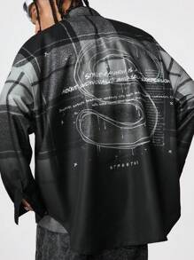 Manfinity NXTstreet Men's Loose Fit Digital Printed Long Sleeve Woven Shacket, For Fall Winter - Black - View 1