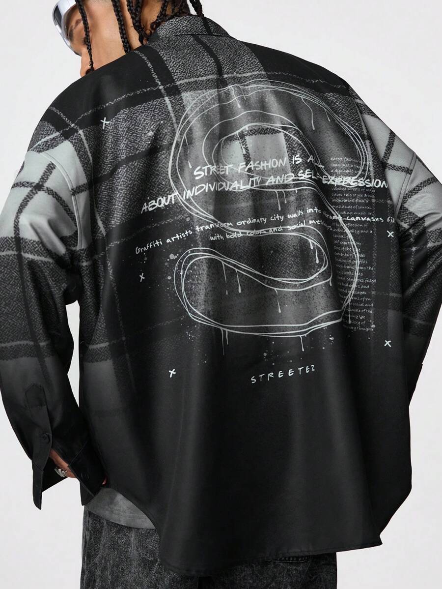 Manfinity NXTstreet Men's Loose Fit Digital Printed Long Sleeve Woven Shacket, For Fall Winter - Black - View 1