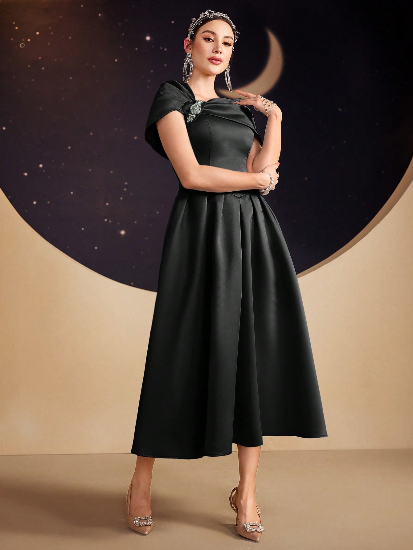 Modelyn فستان سهرة أنيق بطول كامل مع علامات الراين...