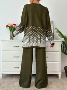 SHEIN Cottnline Woman Geometrical Jacquard Casual Warm Fall Winter Sweater Co-Ords - Dark Green - View 2