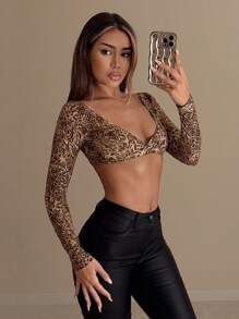 SHEIN ICON Blusa corta y sexy con estampado de leopardo para mujeres, estilo Y2K - Multicolor - Ver 3