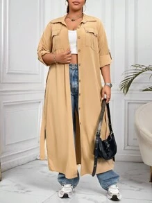 SHEIN Unity Plus Size Casual Solid Color Dress - Khaki - View 5