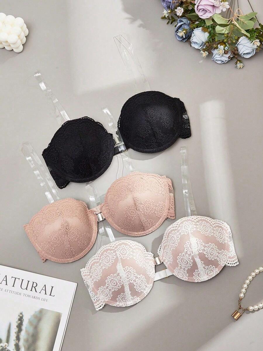 Conjunto de 3 piezas de lencería con sujetador con aros y encaje para mujeres - Multicolor - Ver 1