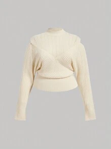 SHEIN MOD Plus Size Apricot Mock Neck Open Shoulder Women Knit Sweater