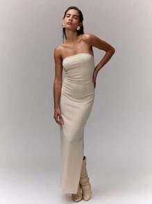 MUSERA 优雅的抹胸侧开衩连衣裙，适合春夏度假派对、婚礼宾客、优雅夏季新娘单身派对、告别单身派对等场合。 - 杏色 - 查看 4