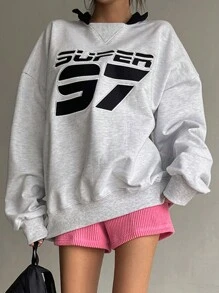 DAZY Sudadera holgada de mujer con cuello redondo y bordado de letras, ropa de otoño - Gris - Ver 6