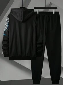 Manfinity LEGND 男士休闲猎豹印花抽绳连帽衫和运动裤套装 - 黑色 - 查看 2