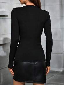 Chiquease Spring/Autumn Elegant Black High Collar Petal Trim Long Sleeve Fitted T-Shirt - Black - View 2