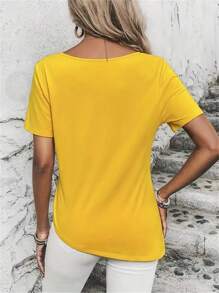 INAWLY Women's Solid V-Neck Short Sleeve Pleated Casual T-Shirt, Summer - Yellow - View 2