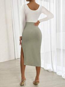 Chiquease Vestido ajustado de tipo 'ajustado' con panel de dos tonos, cintura elástica de punto acanalado de gran elasticidad, abertura alta en la cintura, elegante, para commuter, casual - Verde - Ver 2