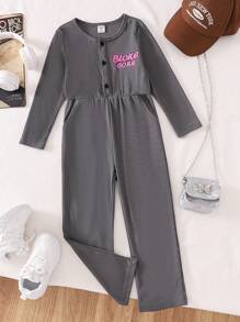 SHEIN Young Girls Casual Long Sleeve Letter Print Jumpsuit, Knit Stretchy Striped Wide Leg Pants, Fall/Winter Outfits - Grey - View 1