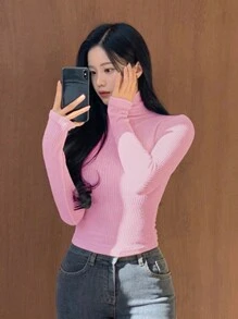 DAZY Women's Solid Color Turtleneck Long Sleeve Ribbed Slim Casual T-Shirt, Spring/Autumn,Fall Women Clothes - Pink - View 4