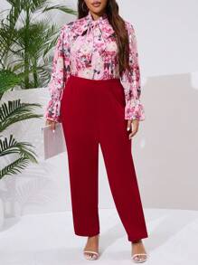 2pcs Plus Size Elegant Floral Allover Print Tie Collar Blouse And Pants Set, Spring Fall - Burgundy - View 3