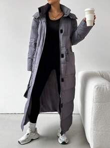 SHEIN EZwear 女士冬季长袖休闲连帽长夹克 - 灰色 - 查看 5