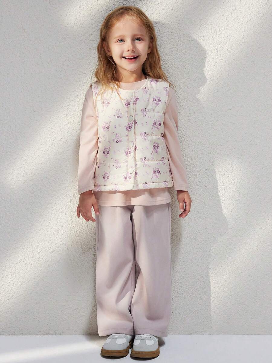 Blossori Young Girls French Elegant Beige Micro-Ditsy Floral Woven Fitted Round Neck Sleeveless Coat, Autumn/Winter - Apricot - View 1