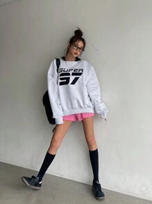 DAZY Sudadera holgada de mujer con cuello redondo y bordado de letras, ropa de otoño - Gris - Ver 4