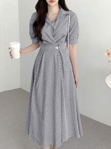 INAWLY 女式夏季休闲条纹腰中长连衣裙