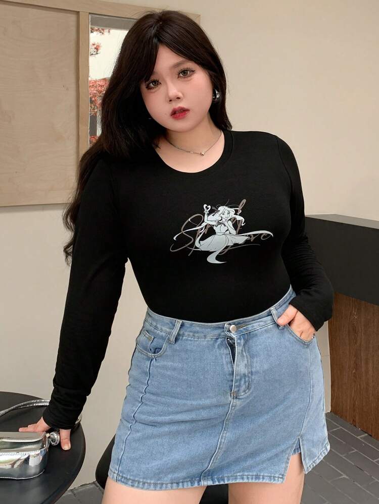 Dazy Plus Plus Size Slim Fit Crew Neck Casual T-Shirt,Fall Clothes Graphic Tee