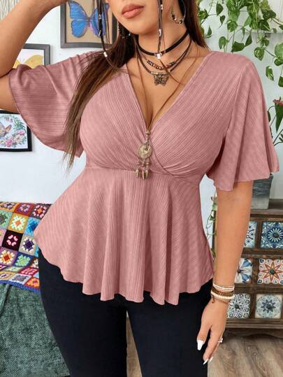 Flirla Plus Size Women's Summer Solid Color V-Neck Ruffle Sleeve Short Hem T-Shirt
