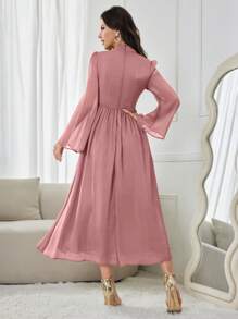 Modelyn 女士优雅纯色喇叭袖长款秋季连衣裙，春季长款晚礼服 - 粉色 - 查看 2