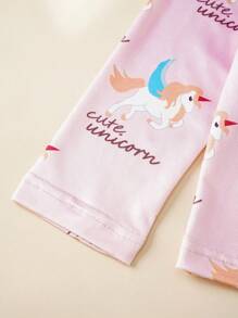 2pcs Young Girls Simple Pink Flying Horse Print Snug Fit Long Sleeve Top And Pants Homewear Set