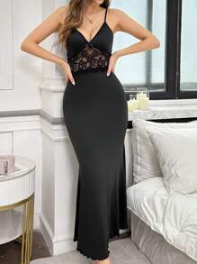 Lace Sheer Fitted Long Nightgown - Black - View 4