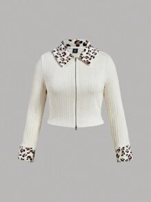 SHEIN MOD 大码女装白色针织提花拼接豹纹毛绒领长袖开衫 - 白色 - 查看 1