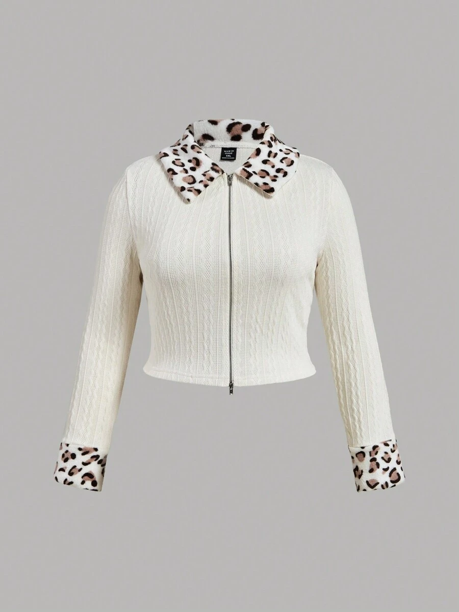 SHEIN MOD 大码女装白色针织提花拼接豹纹毛绒领长袖开衫 - 白色 - 查看 1