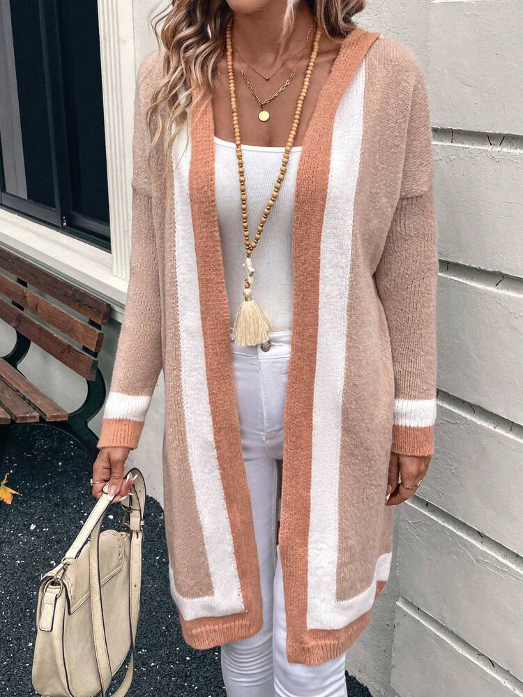 Women's Casual Color Block Drop Shoulder Long Sleeve Hooded Cardigan, Autumn & Winter