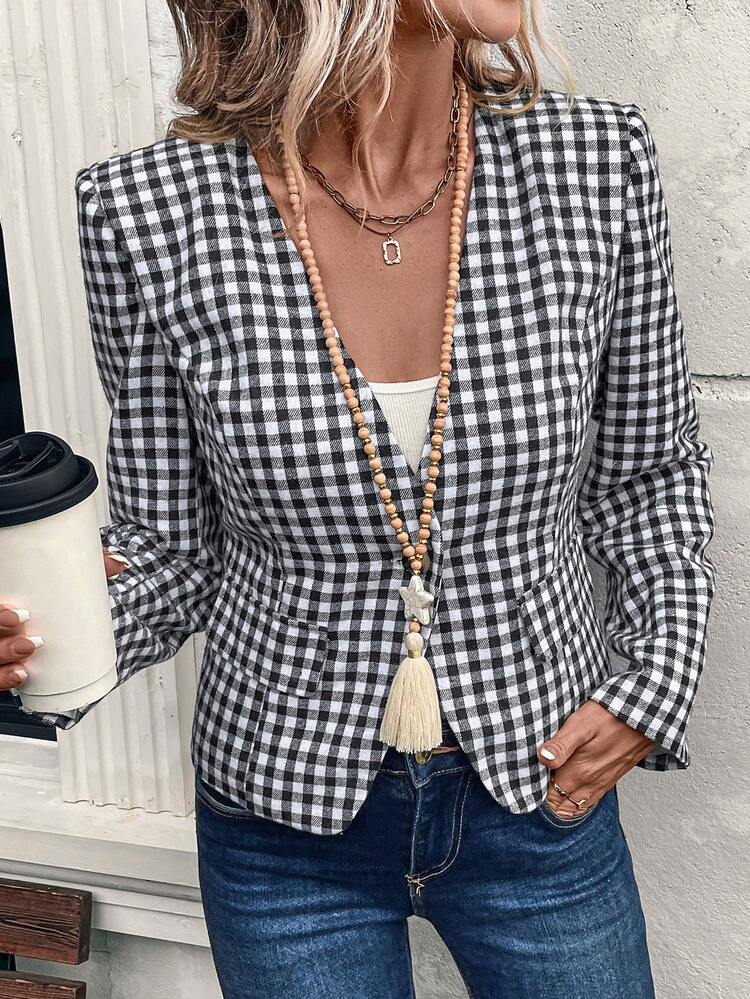 Women's Deep V-Neck Button Up Long Sleeve Fashionable Plaid Jacket