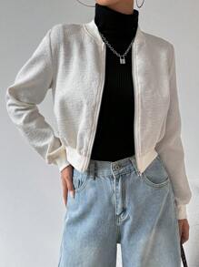 SHEIN EZwear Women's Textured Bomber Jacket Casual Spring Autumn Outwear - Apricot - View 6