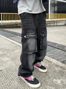 Manfinity EMRG Men's Casual Loose Fit Cargo Pockets Wide Leg Jeans - Black - View 7