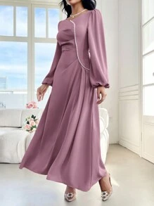 Modelyn 女士纯色仿珍珠装饰长袖褶皱阿拉伯朴素连衣裙长款晚礼服