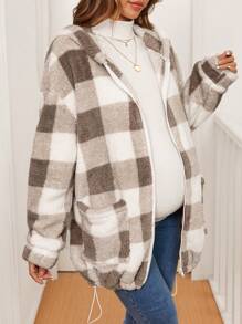 SHEIN 孕妇连帽拉链长袖格子休闲日常夹克 - 卡其色 - 查看 1
