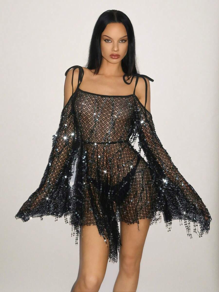 SHEIN ICON 闪亮网眼露肩系带长袖不对称下摆连衣裙 - 黑色 - 查看 1