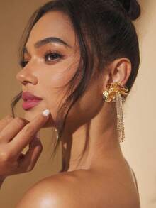 SHEIN SXY 女士金色简约水钻装饰轻巧时尚耳环、休闲首饰 - 金黃色 - 查看 3