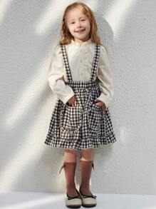 Blossori Young Girls' Elegant French Black & White Plaid Loose Bib Dress, Autumn/Winter