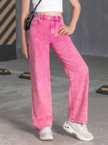 少女Y2K街头日常款弹力腰直筒牛仔裤，带平口袋，日常款 - 玫紅色 - 查看 7