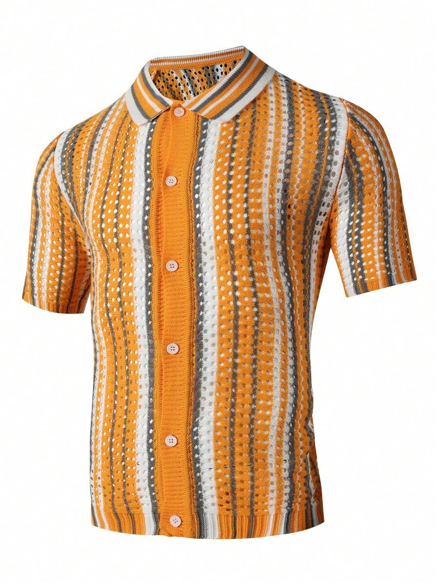 Chillumni Manfinity Hypemode Men's Men Beach Outfits Printed Single-Breasted Casual Knitted Top, Ideal For Vacation, Summer - Yellow - View 1