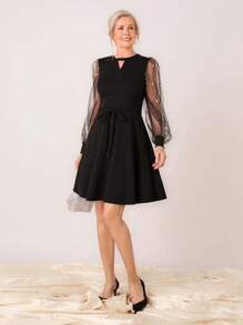 SHEIN LUNE 秋季女士锁眼领黑色网眼灯笼袖优雅派对短裙 - 黑色 - 查看 6