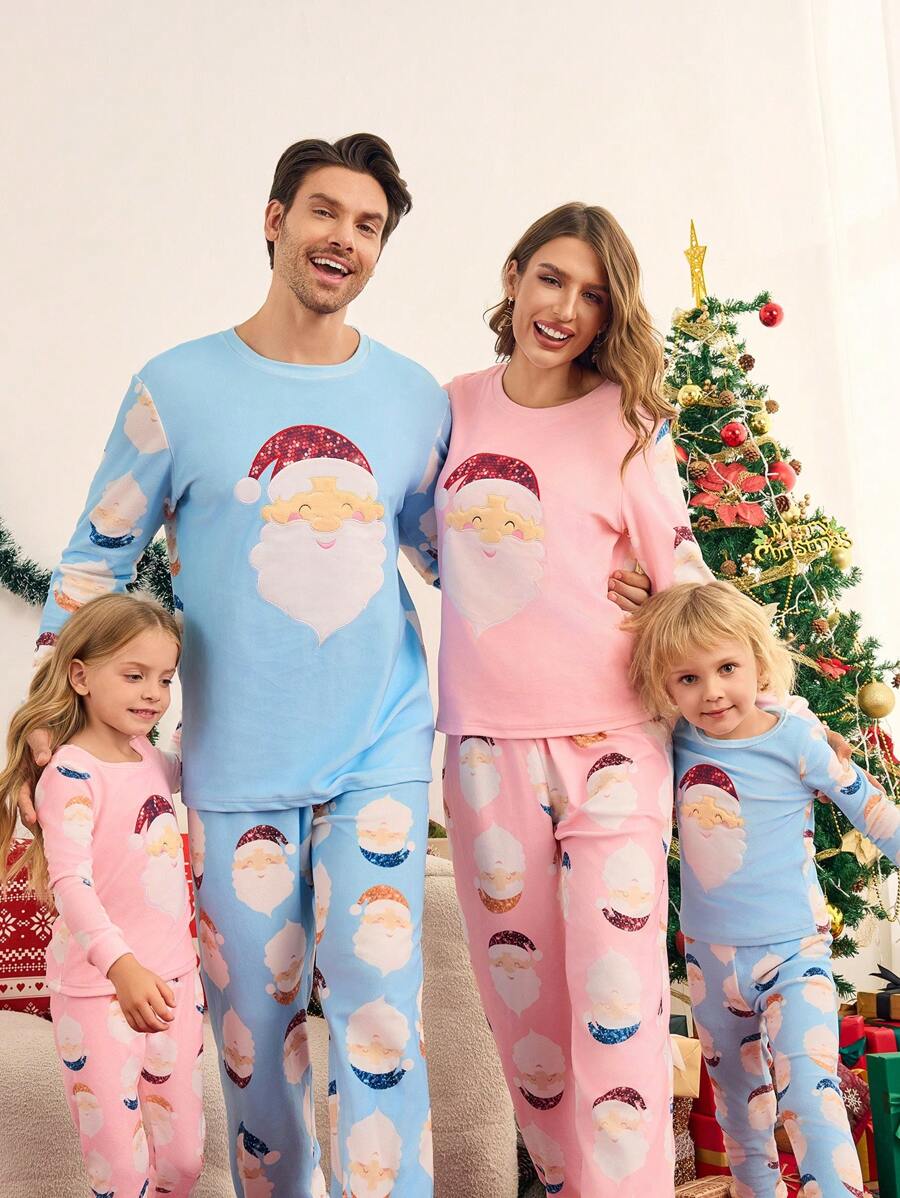 SHEIN Young Girl Santa Claus Element Fleece Pink Snug Fit Long Sleeve Top And Pants Home Pajama Set, For Christmas - Pink - View 1