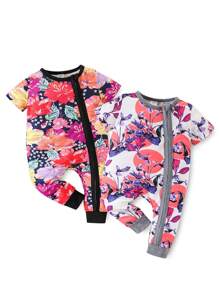 2pcs Baby Girls' Cute Floral Print Romper Set, Spring/Summer/Autumn