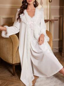 PalaceNights 2pcs/Set Ladies' Ruffle Strap Nightgown And Wrap-Around Wide Sleeve Robe Velvet Pajama Set, Palace Style