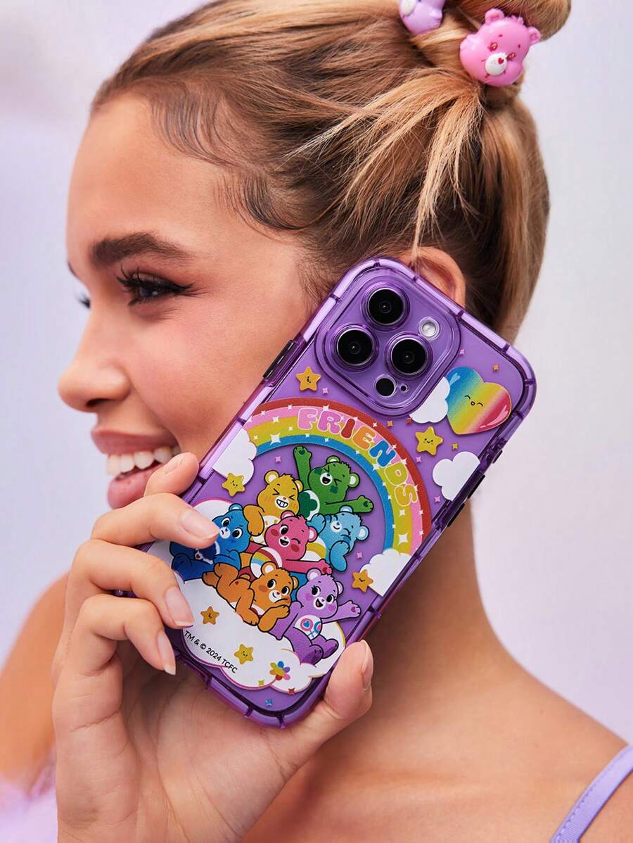 SHEIN X Care Bears Casing Ponsel Ungu Semi-Transparan Motif Beruang Kartun & Hati Pelangi, Hadiah, Kompatibel dengan iPhone - Mauve Purple - View 1