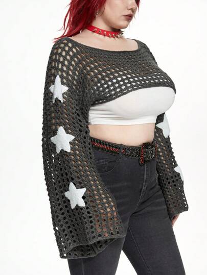 Grunge Punk Back To School  Plus Size Women Star Embroidery Flare Sleeve Hollow Out Knit Cropped Cover Up