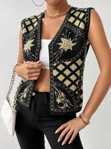 Chiquease French Fashion Versatile Diamond Grid Knitted Vest - Multicolor - View 5