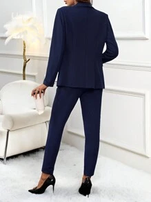 SHEIN Clasi Conjunto de pantalón y chaqueta elegante de mujer que realza la cintura, traje de mujer de negocios, ropa de otoño - Azul Marino - Ver 3