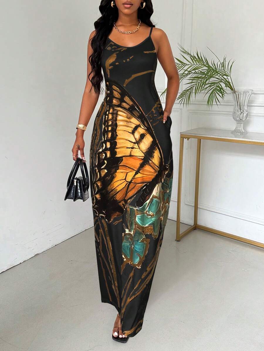 SHEIN Unity Vestido Longo Estampa de Borboleta Sem Mangas Moda de Verão Mulheres - Preto - Visão 1